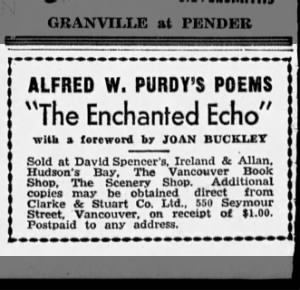 Advertisement for The Enchanted Echo by Alfred W. Purdy [Al Purdy], 18 November 1944