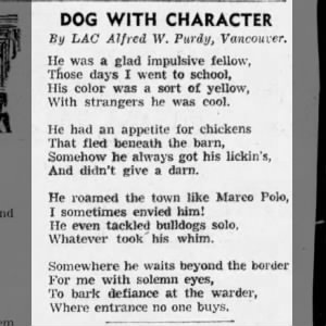 Dog With Character, by Alfred W. Purdy [Al Purdy], 5 February 1944